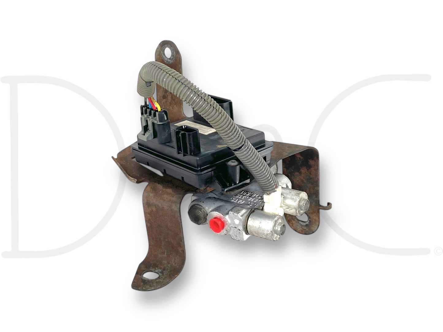99-00 Ford F250 F350 2-Wheel ABS Module Anti Lock Brake Pump OE F81F-2C018-Ah used part with light wear and missing rubber dust cap, compatible with 1999-2000 Ford F-250 and F-350 trucks, featuring metal mounting bracket and electrical wiring harness.