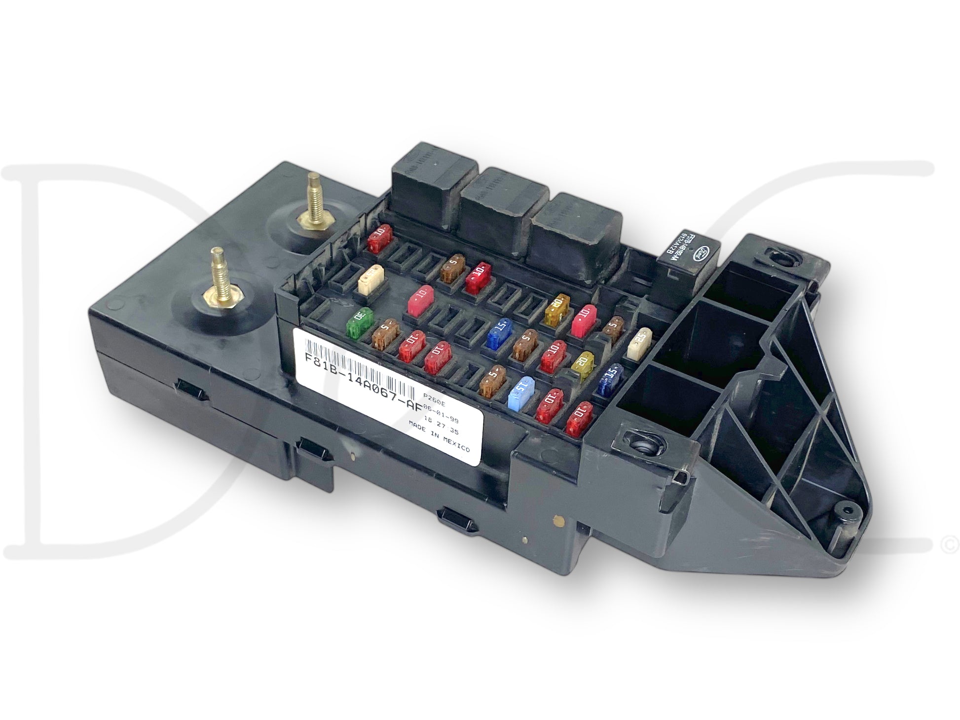 1999 Ford F250 F350 7.3 Interior Fuse Panel Junction Box Module F81B-14A067-Af, used with light wear, designed for Ford Super Duty trucks including F-250, F-350, F-450, and F-550 models, featuring multiple fuse slots and relay positions in gray and black plastic housing.
