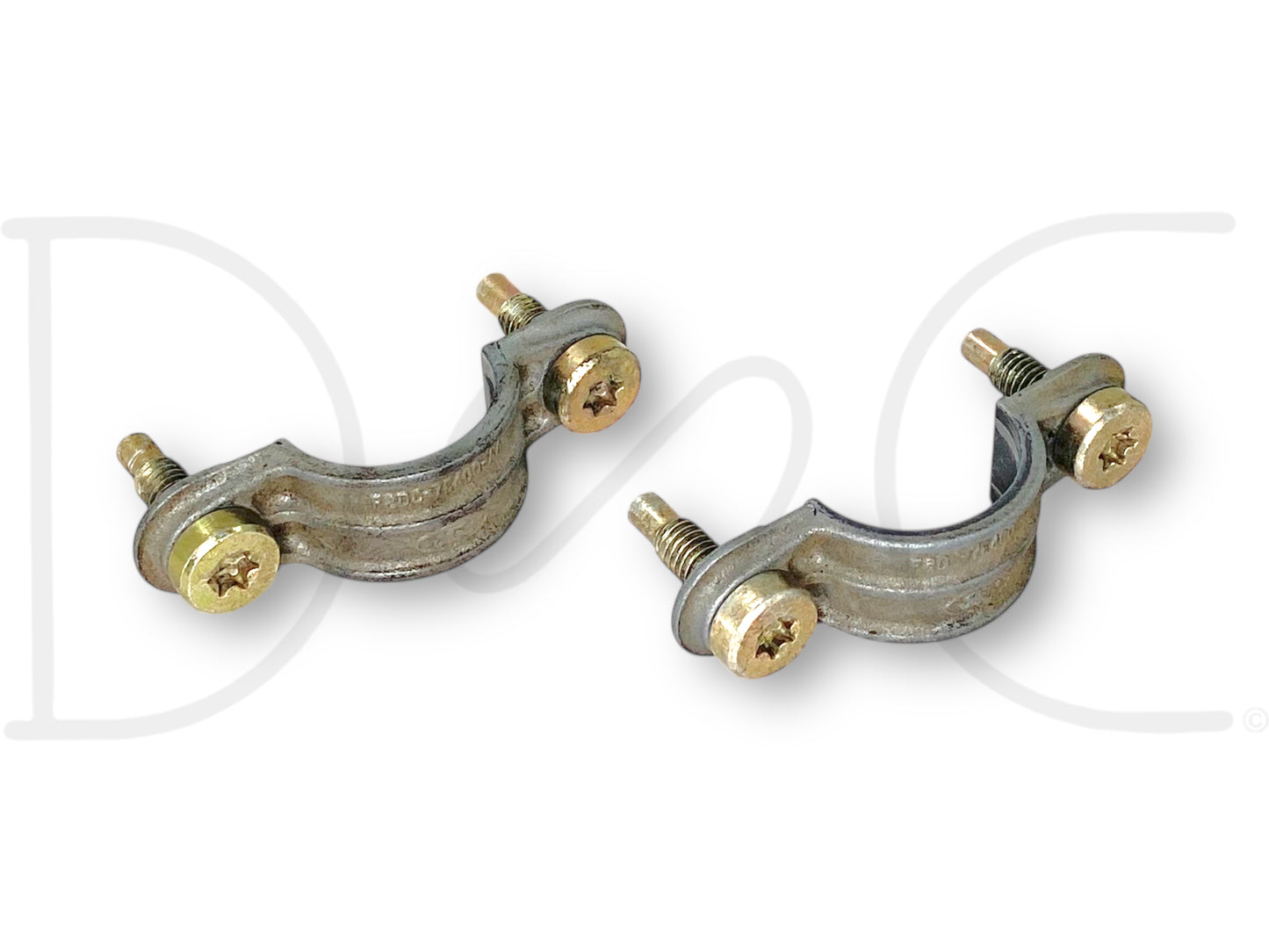 Pair of metal OEM clamp brackets with attached bolts and nuts, used for automotive applications, displayed on a white background, suitable for 99-02 Ford F250 F350 Steering Wheel W/ Cruise Buttons OE Black F81A-3600-Faw replacement parts.