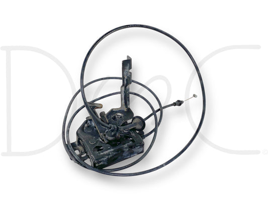 99-07 Ford F250 F350 Hood Latch Catch & Release Cable Assembly OEM used part in good condition with light wear, compatible with Ford F-250 F-350 F-450 F-550 trucks from 1999 to 2007, featuring a metal latch mechanism and release cable.