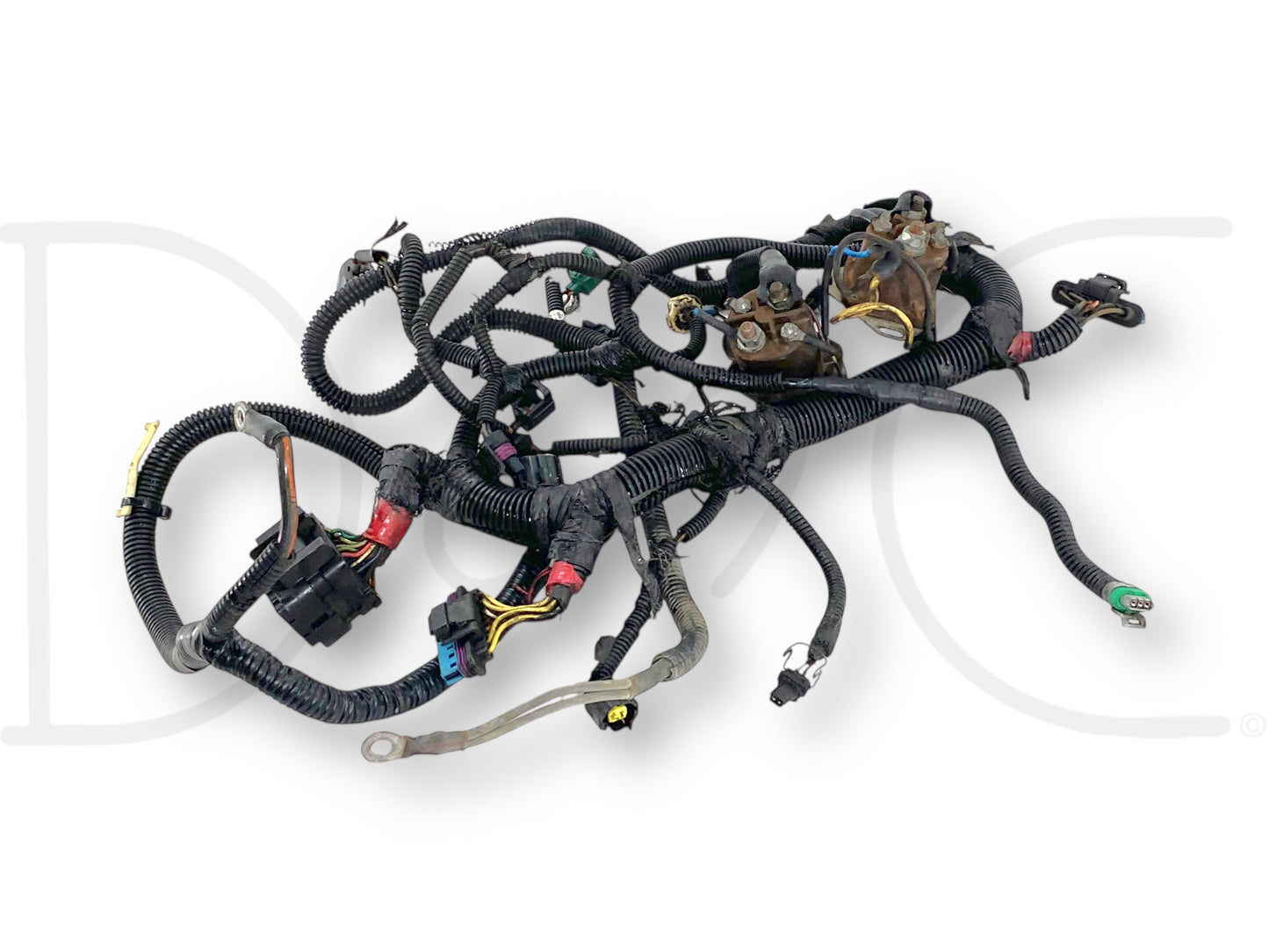 99-01 Ford F250 F350 OEM 7.3 7.3L Diesel Engine Wiring Harness 1807461C91 used with two broken clips and wire insulation damaged at EBPV plug, compatible with 1999-2001 F-250, F-350, F-450, F-550 trucks in black wiring harness configuration.