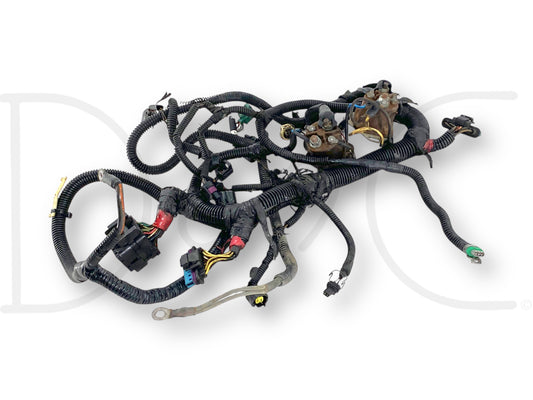99-01 Ford F250 F350 OEM 7.3 7.3L Diesel Engine Wiring Harness 1807461C91 used with two broken clips and wire insulation damaged at EBPV plug, compatible with 1999-2001 F-250, F-350, F-450, F-550 trucks in black wiring harness configuration.