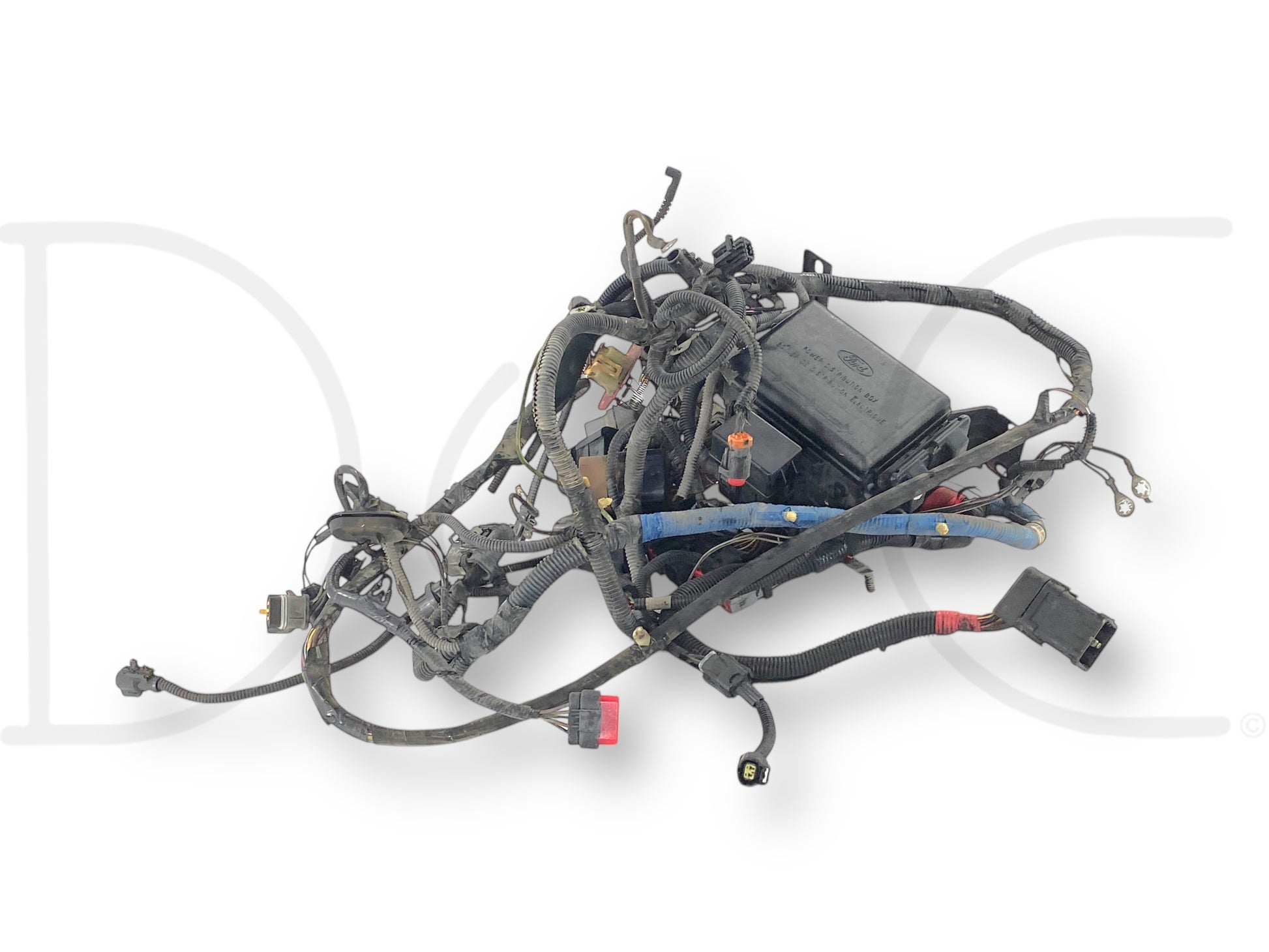 1999 Ford F250 F350 7.3 Diesel Auto Front Body Wiring Harness Xc35-12A581-P260F used wiring harness with light wear, broken clips on parking light and headlight plugs, and wires tapped at corner marker light plugs for Ford F-250 F-350 F-450 F-550 trucks.