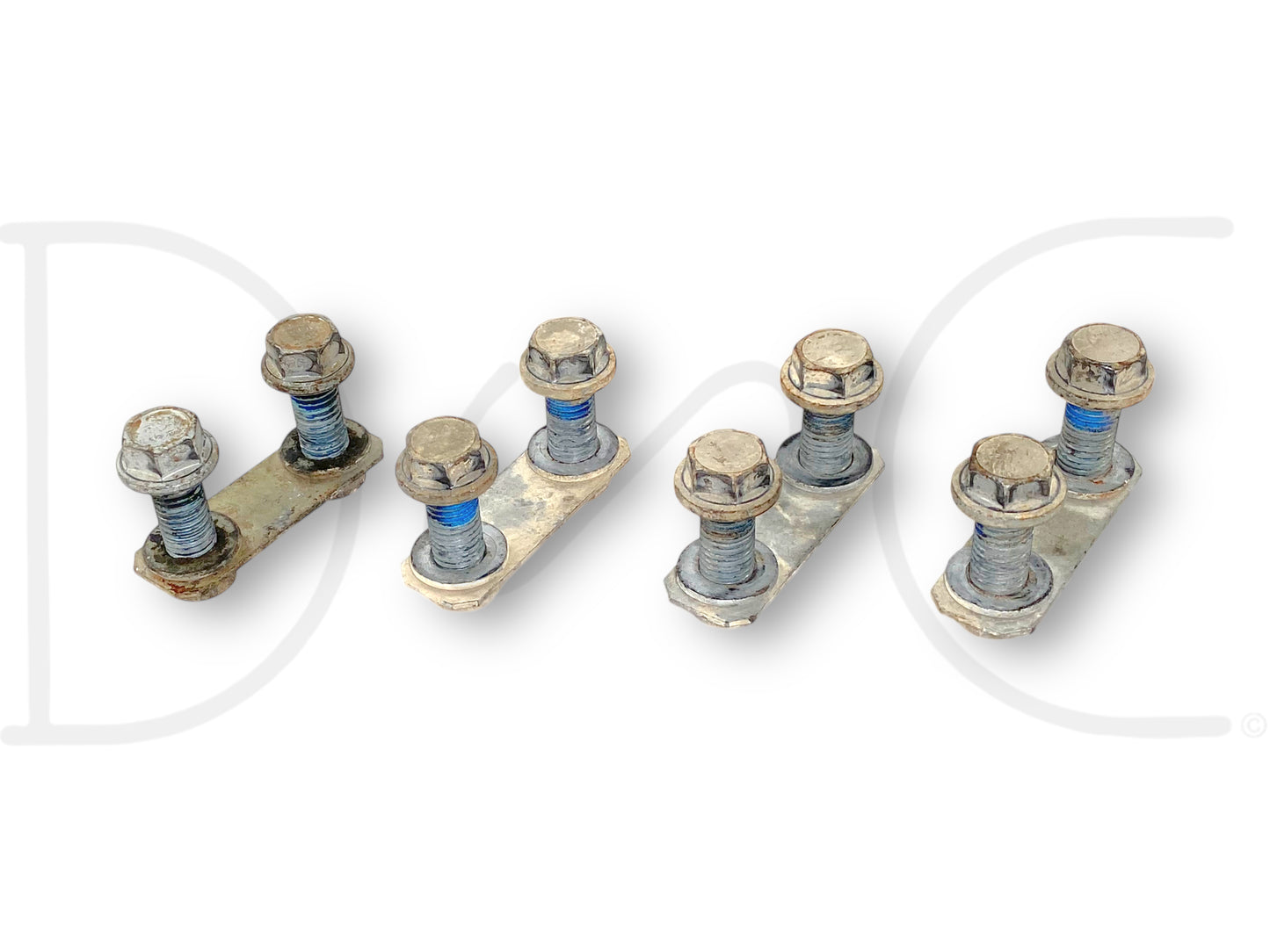 99-07 Ford F250 F350 Super Duty Trailer Receiver Hitch Bolts OEM Bolt Set showing four used bolt pairs with light wear and blue thread locker on bolts, compatible with Ford Super Duty models from 1999 to 2007.