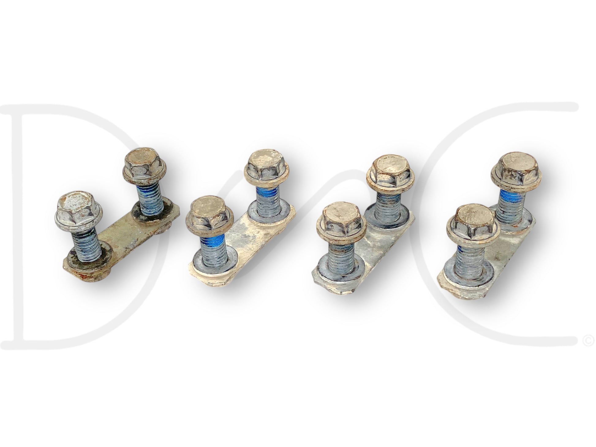 99-07 Ford F250 F350 Super Duty Trailer Receiver Hitch Bolts OEM Bolt Set showing four used bolt pairs with light wear and blue thread locker on bolts, compatible with Ford Super Duty models from 1999 to 2007.
