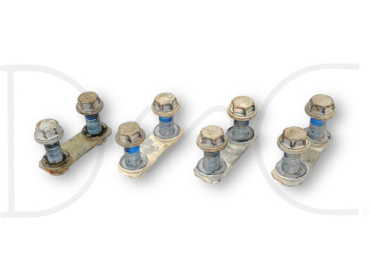 99-07 Ford F250 F350 Super Duty Trailer Receiver Hitch Bolts OEM Bolt Set showing four used bolt pairs with light wear and blue thread locker on bolts, compatible with Ford Super Duty models from 1999 to 2007.