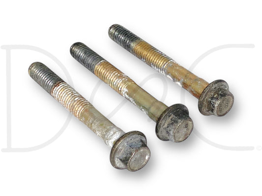 Three used alternator bolts with light wear, showing some rust and discoloration, arranged side by side on a white background, 99-02 Ford F250 F350 7.3 7.3L Diesel Alternator Bolts Bolt Set (3).