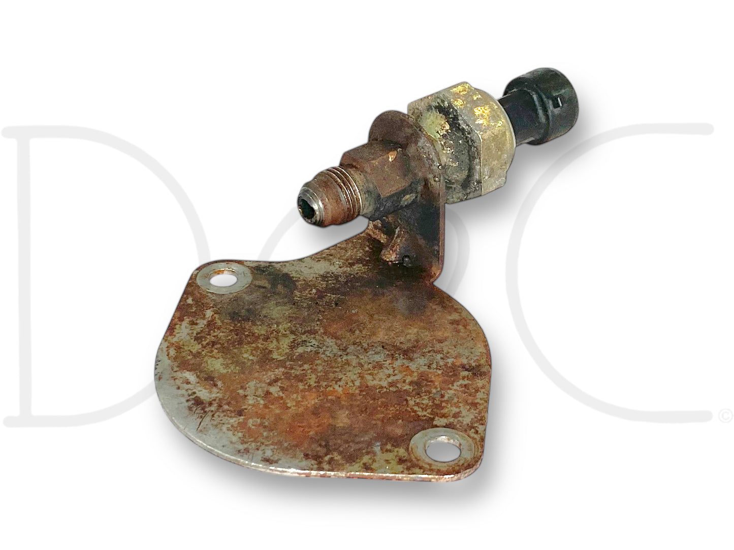 Used good condition 99-03 Ford F250 7.3L 7.3 Exhaust Backpressure Sensor HPOP Access Mount Plate with visible rust and wear, suitable for 1999-2002 Ford truck F-250, F-350, F-450, and F-550 models.