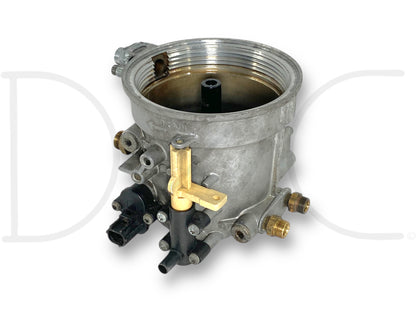 99-02 Ford F250 F350 7.3L 7.3 Diesel Fuel Bowl Filter Housing Assembly OE *Blem* showing a used metal fuel bowl housing with brass fittings and attached heater wire, designed for diesel engine fuel filtration and compatible with 1999-2002 Ford Super Duty trucks.