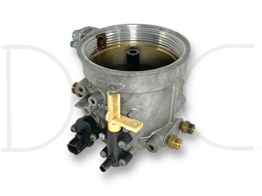 99-02 Ford F250 F350 7.3L 7.3 Diesel Fuel Bowl Filter Housing Assembly OE *Blem* showing a used metal fuel bowl housing with brass fittings and attached heater wire, designed for diesel engine fuel filtration and compatible with 1999-2002 Ford Super Duty trucks.