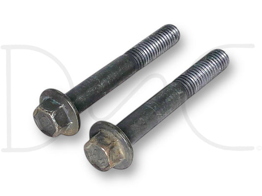 99-02 Ford F250 F350 7.3 7.3L Fuel Filter Bowl Housing Mount Bolts OE Bolt Set, used with light wear, two metal bolts with hex heads and threaded shafts designed for securing fuel filter bowl housing on Ford Super Duty diesel trucks from 1999 to 2002.