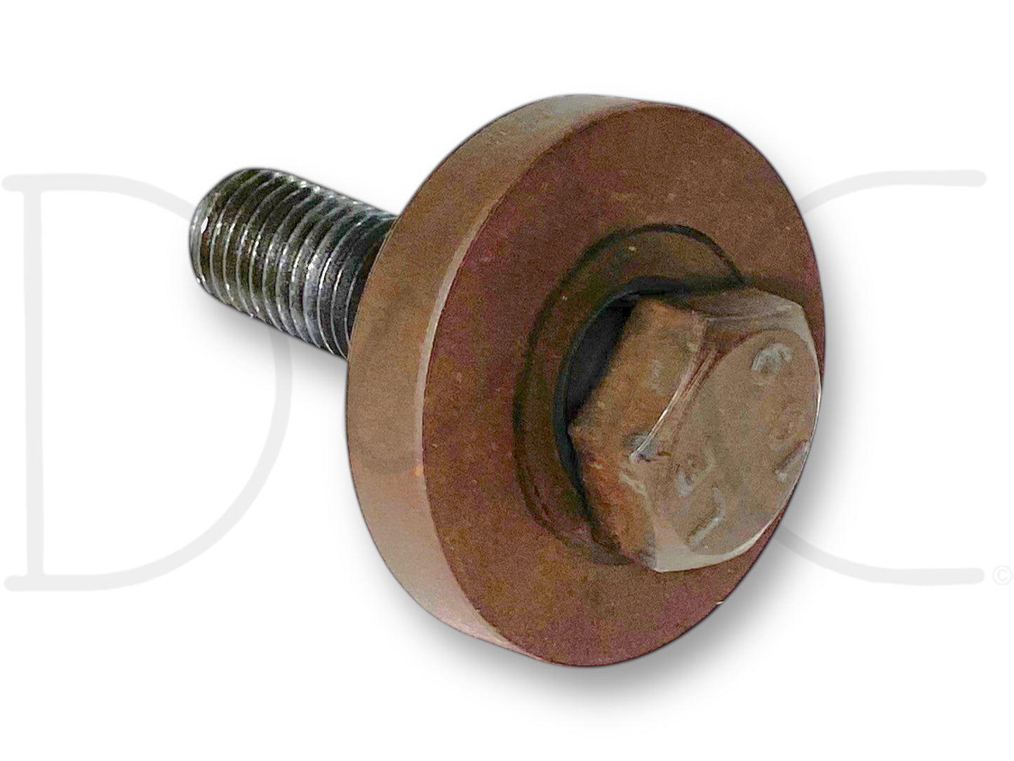 99-02 Ford F250 F350 7.3 7.3L Diesel Harmonic Balancer Crank Pulley Bolt Washer used with light wear, showing threaded bolt and attached washer, compatible with 1999-2002 Ford F-250, F-350, F-450, F-550 trucks for diesel engine repair and maintenance.