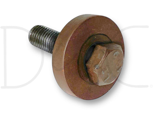 99-02 Ford F250 F350 7.3 7.3L Diesel Harmonic Balancer Crank Pulley Bolt Washer used with light wear, showing threaded bolt and attached washer, compatible with 1999-2002 Ford F-250, F-350, F-450, F-550 trucks for diesel engine repair and maintenance.