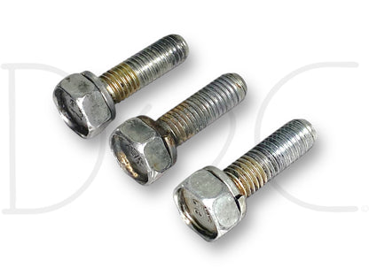 Three used metal bolts with hex heads and threaded shafts for automotive use, displayed on a white background, representing the 99-02 Ford F250 F350 7.3 7.3L Diesel Engine Starter Bolts OE Bolt Set [3] in good condition with light wear.