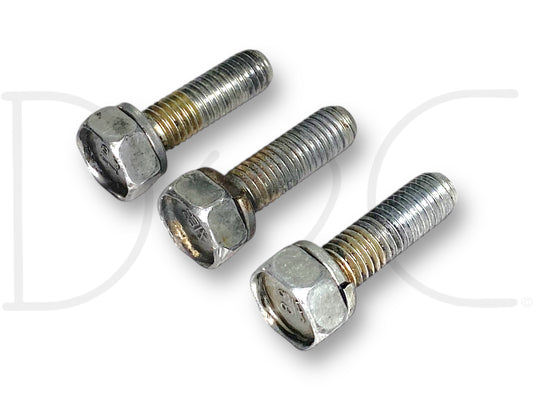 Three used metal bolts with hex heads and threaded shafts for automotive use, displayed on a white background, representing the 99-02 Ford F250 F350 7.3 7.3L Diesel Engine Starter Bolts OE Bolt Set [3] in good condition with light wear.