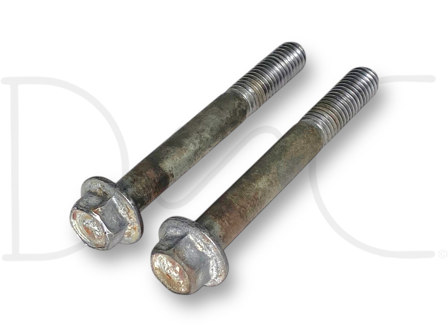 99-03 Ford F250 F350 7.3 7.3L Diesel Turbo To Pedestal Bolts OE Bolt Set [2], used condition with light wear, showing two metal bolts with hex heads and partially threaded shafts designed for Ford Super Duty diesel engines from 1999 to 2003.