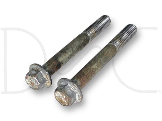 99-03 Ford F250 F350 7.3 7.3L Diesel Turbo To Pedestal Bolts OE Bolt Set [2], used condition with light wear, showing two metal bolts with hex heads and partially threaded shafts designed for Ford Super Duty diesel engines from 1999 to 2003.