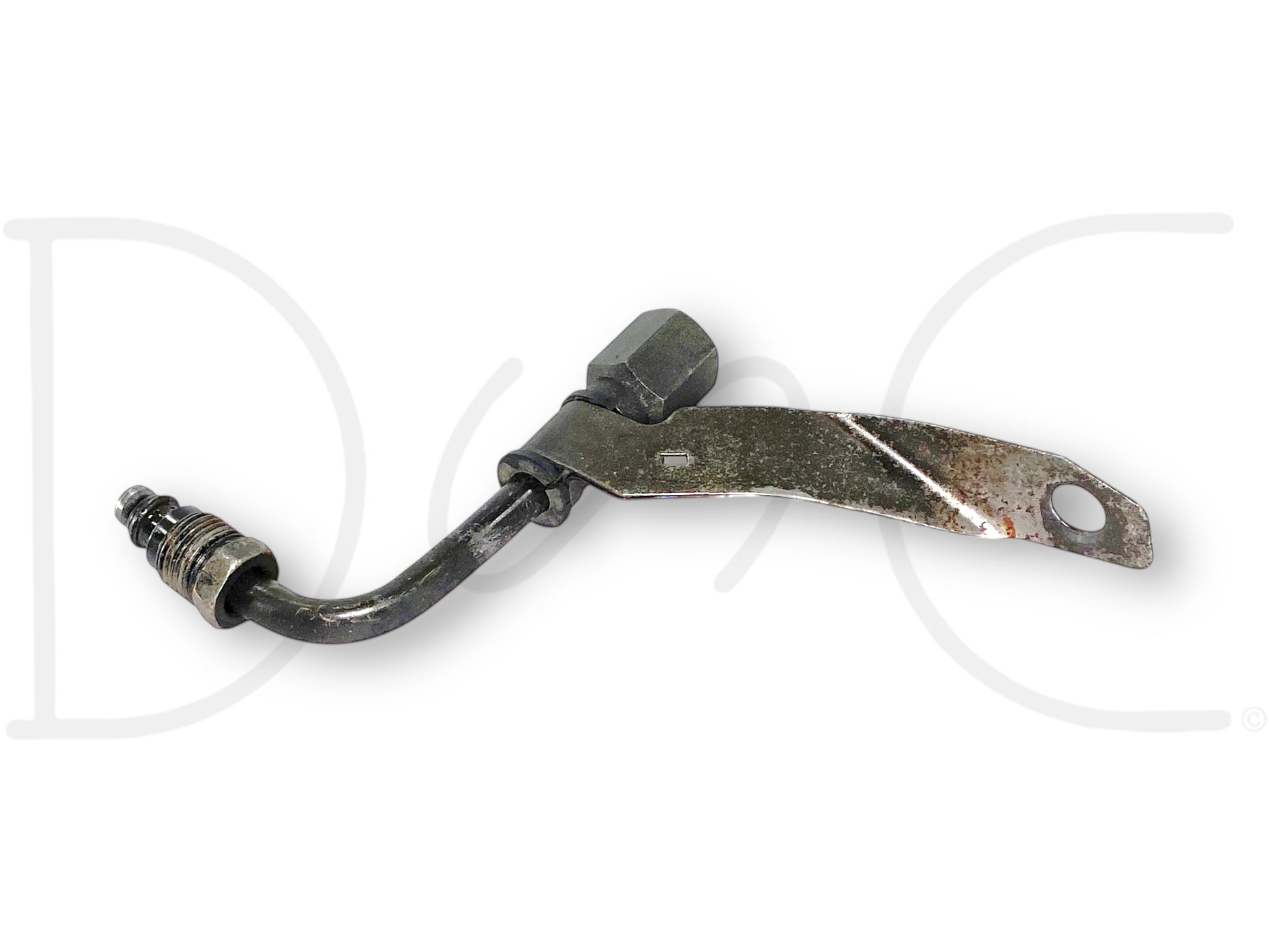 Used 99-04 Ford F250 F350 RH Right Hydrboost Line Elbow Hose Adapter OEM with light wear, metal construction, featuring a bent tube and mounting bracket, compatible with Ford Super Duty diesel trucks from 1999 to 2004.