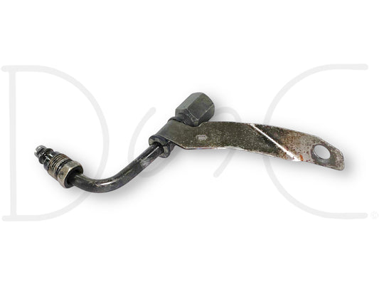 Used 99-04 Ford F250 F350 RH Right Hydrboost Line Elbow Hose Adapter OEM with light wear, metal construction, featuring a bent tube and mounting bracket, compatible with Ford Super Duty diesel trucks from 1999 to 2004.