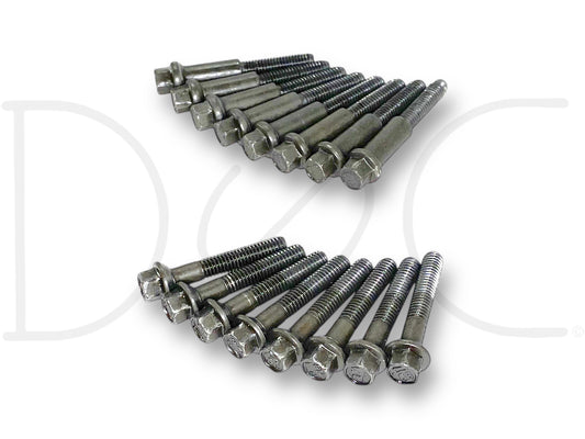 99-02 Ford F250 F350 7.3 7.3L Fuel Injector Retainer Bolts OE Bolt Set [16] shown in two neat rows on a white background, featuring used good condition bolts with light wear, suitable for 1999-2002 Ford F-250, F-350, F-450, and F-550 trucks.
