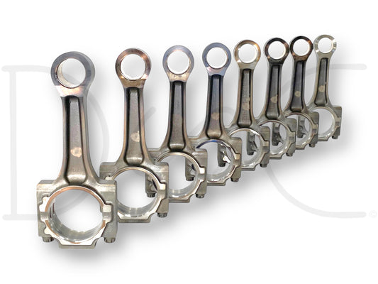 94-02 Ford 7.3 7.3L Diesel Forged Connecting Rod Set OE Rods 1812003C2 arranged in a row showing light wear condition, suitable for 1994-2002 Ford F-250, F-350, F-450, and F-550 trucks, used OE engine parts for Powerstroke diesel engines.