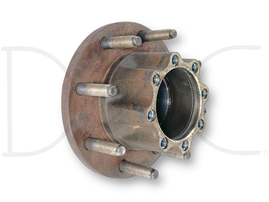 Used OE 99-01 Ford F250 F350 SRW Sterling 10.5 Rear Axle Wheel Bearing Hub OE F81W-Aa showing light wear, compatible with 1999-2004 Ford F-250 F-350 trucks, featuring a robust steel construction and threaded studs for secure installation.