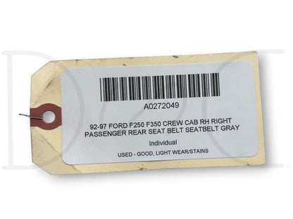 92-97 Ford F250 F350 Crew Cab RH Right Passenger Rear Seat Belt Seatbelt Gray