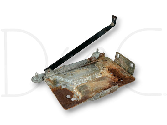 94.5-97 Ford F250 F350 7.3 Diesel LH Left Driver Side Battery Tray Mount Bracket used with light wear, showing surface rust and structural integrity for Super Duty trucks.