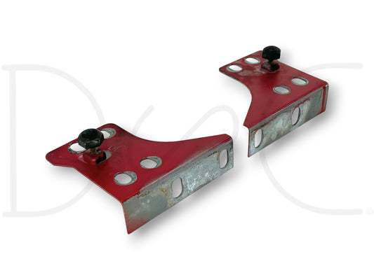 92-97 Ford F250 F350 Fender To Core Support Brackets OE Corner Bracket Set in used good condition with light wear, red and galvanized metal construction, compatible with 92-97 Ford trucks.