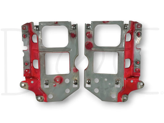 92-97 Ford F250 F350 Headlight Bracket Header Core Support Pair Set RH LH OEM, used good condition, light wear, metal with red paint spots for Super Duty truck repair parts.