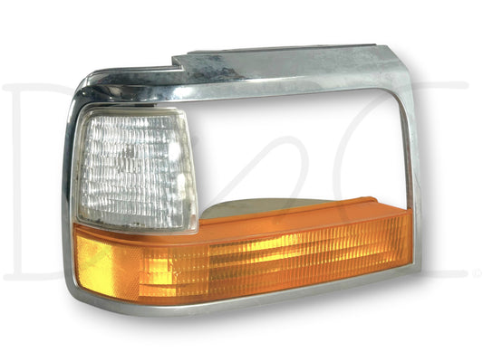 92-97 Ford F250 F350 RH Right Passenger Parking Light Headlight Bezel Trim OE with used condition, light wear and small blemishes, compatible with 1992-1997 F-250 and F-350 trucks.