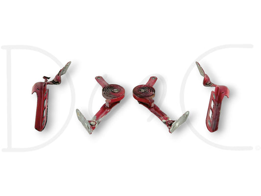 80-96 Ford F250 F350 Truck Hood Hinge And Spring Set Red Hood Hinges Springs with light wear and a broken ground strap, suitable for 1987-1997 Ford F-250 and F-350 trucks.