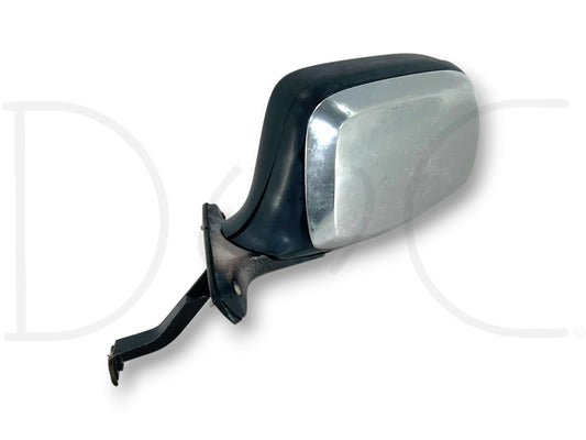 92-97 Ford F250 F350 LH Left Driver Side Door Mirror Manual Chrome OEM with light wear, small crack on bezel, fading and scratches, fit for 1994-1997 Ford F-250 F-350 trucks.