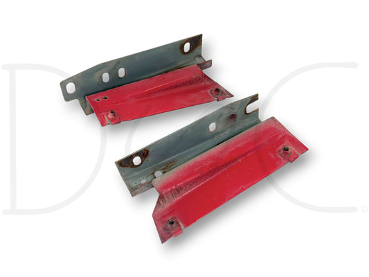 95-97 Ford F250 F350 Diesel Radiator To Core Support Bracket Pair OE Brackets used with light wear, red and gray metal parts compatible with Super Duty trucks.