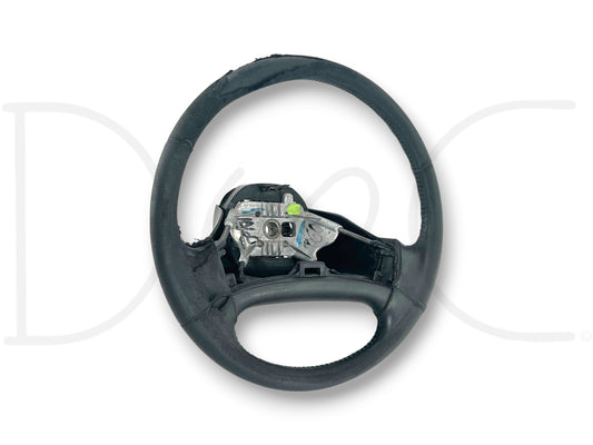 92-97 Ford F250 F350 Steering Wheel OE Black Leather *Blem* used steering wheel with worn and torn leather wrap for Ford Super Duty trucks, compatible with f250 and f350 models.