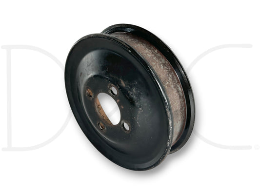 94-97 Ford F250 F350 7.3 Water Pump Pulley Belt Drive OE International 1822853C1 used with light wear, black metal pulley designed for 1994-1997 Ford F-250 and F-350 diesel trucks.