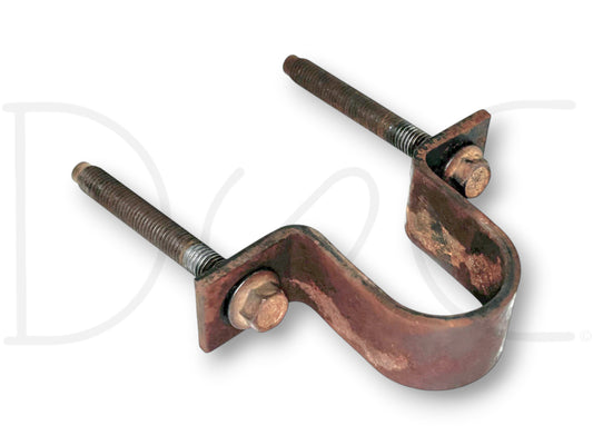 92-97 Ford F250 F350 2WD Front Sway Bar Bushing Bracket W/ Bolts OE showing light wear and surface rust on metal bracket and bolts from used condition.