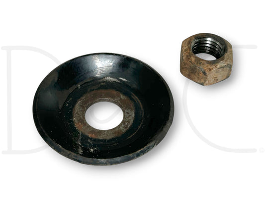 92-97 Ford F250 F350 Lower Coil Spring Retainer Washer W/ Nut 2WD used parts showing light wear, compatible with 92-97 Ford F-250 and F-350 trucks, suitable for repair or replacement.