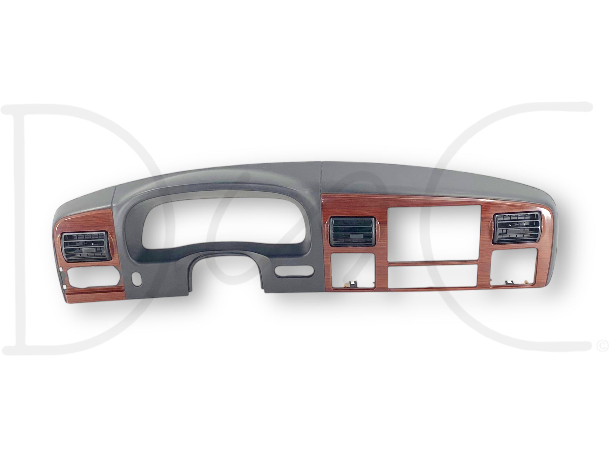 05-07 Ford F250 F350 Lariat Dash Bezel Radio Cluster Panel Black W/ Wood Trim with used condition showing light wear, scratches above radio opening, and one broken mounting clip at lower left corner, compatible with 2005-2007 Ford F-250 F-350 trucks.