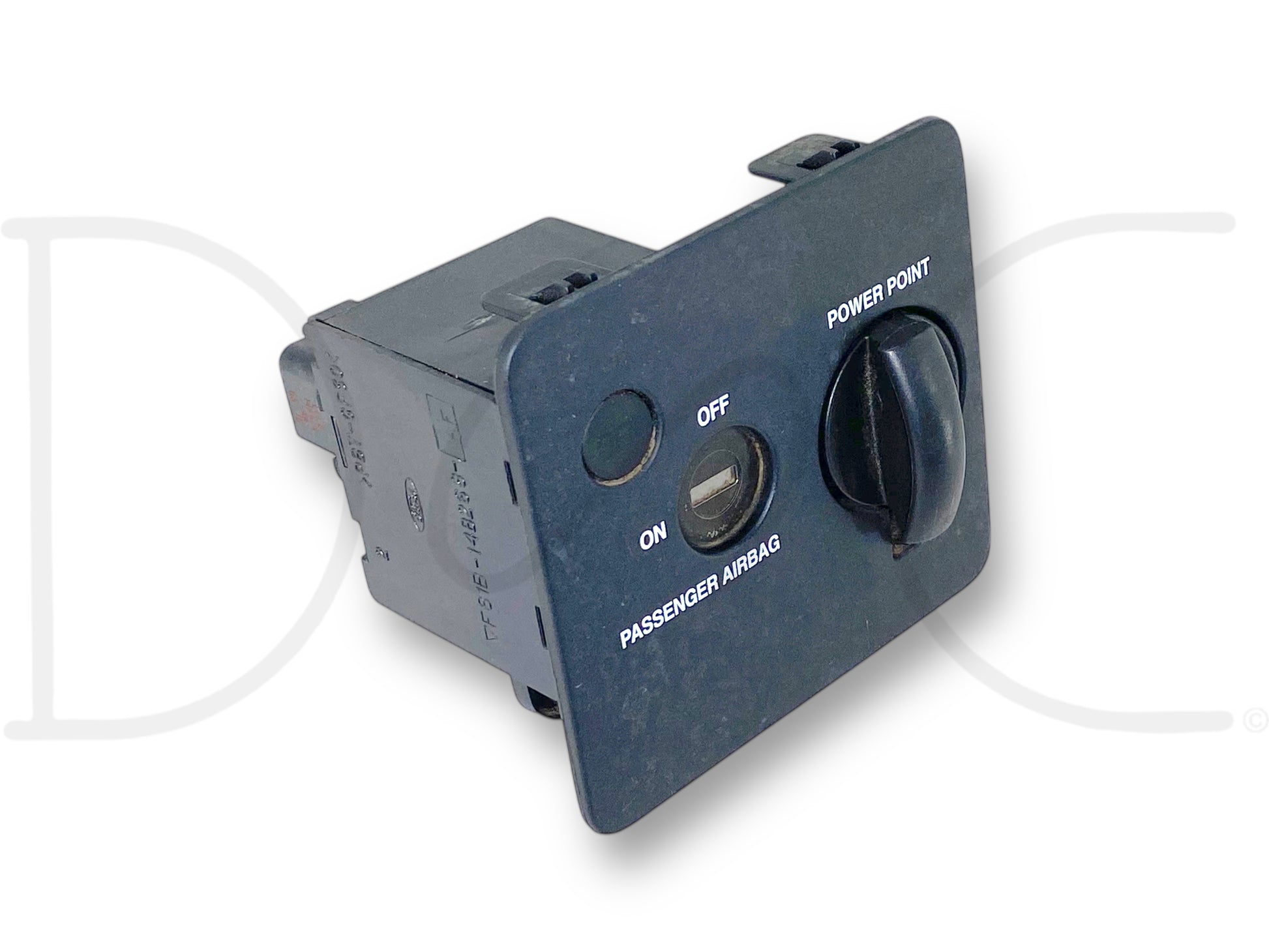 Used OE 05-07 Ford F250 F350 Super Duty Dash Bezel Power Point 12V Outlet Plug OE with passenger airbag switch, designed for 2005-2007 Ford Super Duty trucks including F-250, F-350, F-450, and F-550 models, showing light wear and good condition.