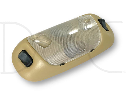 99-07 Ford F250 F350 Overhead Dome Light Map Lamp Tan OE 1L34-13776-Aaw, used good condition with light wear, tan plastic housing with clear textured lens and black switches, compatible with 1999-2007 Ford F-250, F-350, F-450, and F-550 trucks.