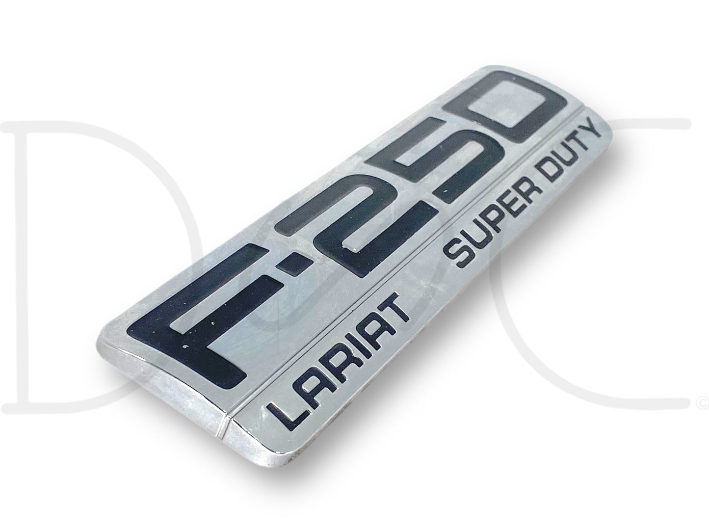 05-07 Ford F250 F-250 Lariat Super Duty Fender Badge Logo Emblem OEM with used condition showing light wear and scratches, designed for 2005-2007 Ford F-250 trucks, suitable for diesel Powerstroke models and compatible with 5R110 transmission.