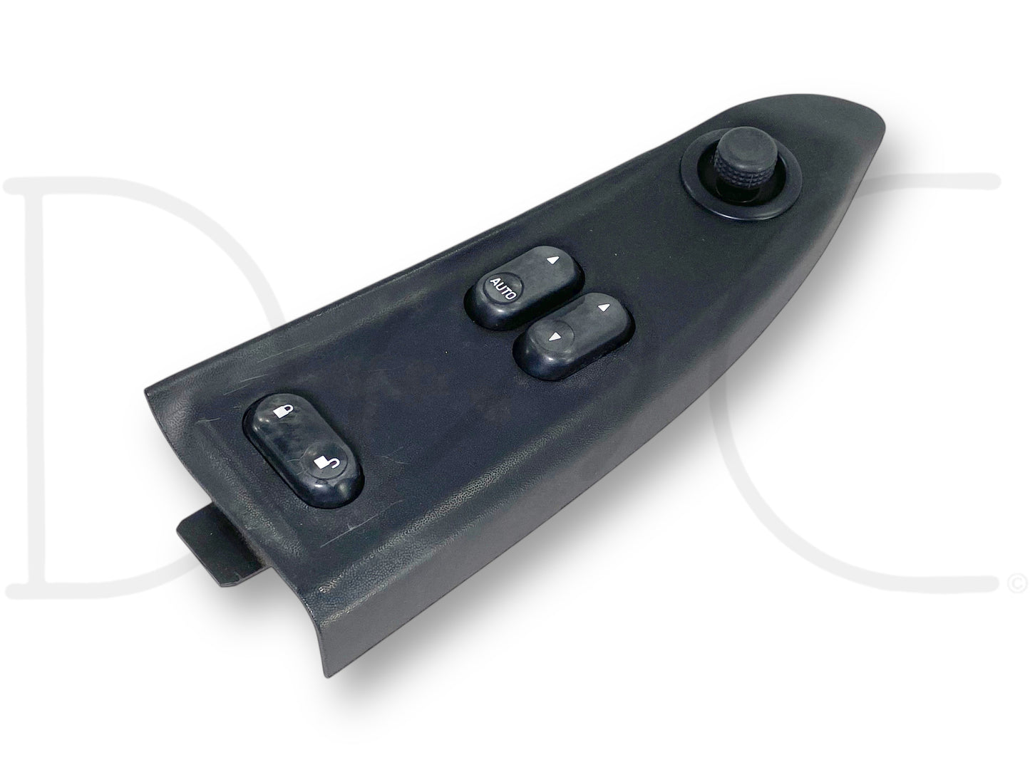 06-07 Ford F250 F350 LH Left Driver Front Power Window Lock Switch Panel Black, used with light wear and scratches, compatible with 2006-2007 Ford F-250 F-350 trucks including 6.0L Powerstroke diesel models, features buttons for power window and mirror controls.