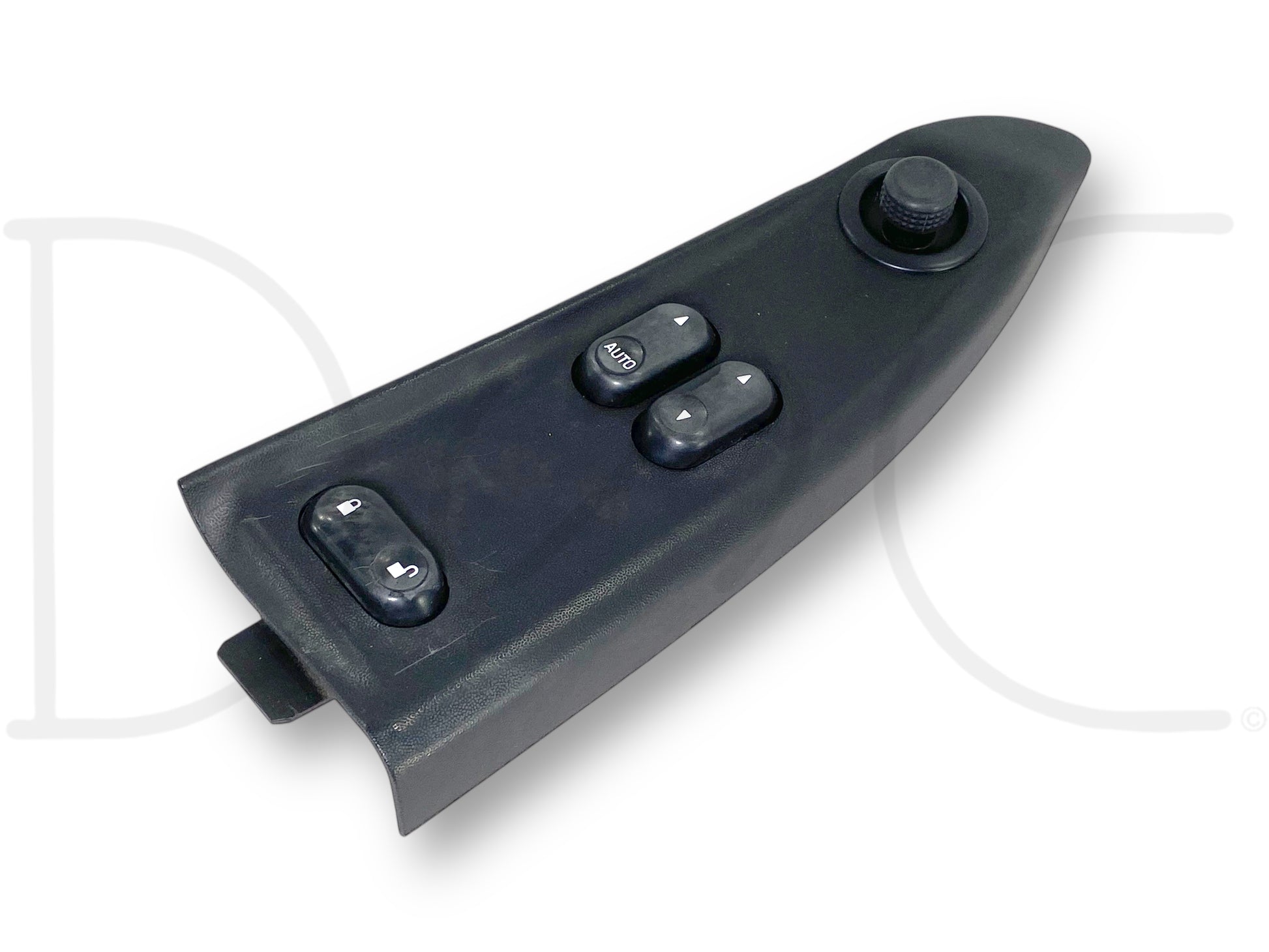 06-07 Ford F250 F350 LH Left Driver Front Power Window Lock Switch Panel Black, used with light wear and scratches, compatible with 2006-2007 Ford F-250 F-350 trucks including 6.0L Powerstroke diesel models, features buttons for power window and mirror controls.