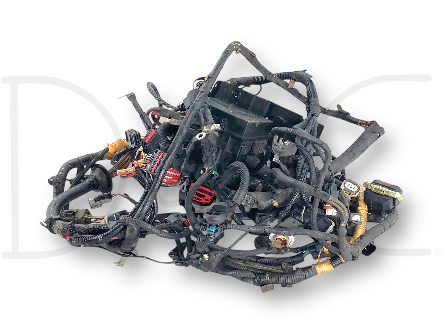 Used wiring harness with multiple connectors and protective sheathing designed for engine bay installation, showing light wear and some wire damage near the hood light plug, for 06-07 Ford F250 F350 6.0 Front Engine Bay Wiring Harness 6C3T-12A581-P260F Aha.