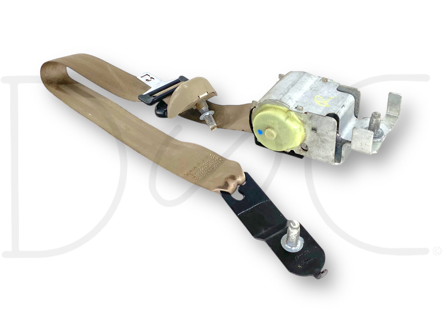 05-07 Ford F250 F350 Extended Cab RH Right Passenger Rear Seat Belt Seatbelt Tan, used condition with light wear and small stains, compatible with 2005-2007 Ford Super Duty models including F-250, F-350, F-450, and F-550 trucks.