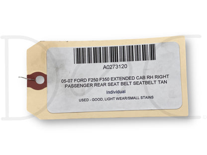 05-07 Ford F250 F350 Extended Cab RH Right Passenger Rear Seat Belt Seatbelt Tan