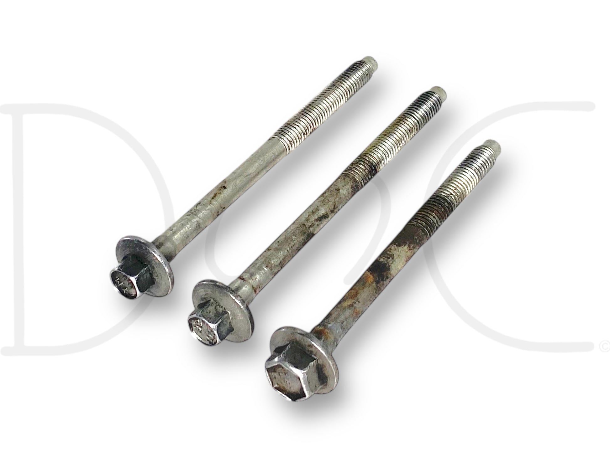 03-07 Ford F250 F350 6.0 6.0L Diesel Ac A/C Compressor Mount Bolts Bolt Set OE showing three used, light wear steel bolts with hex heads designed for secure mounting in diesel truck air conditioning systems.