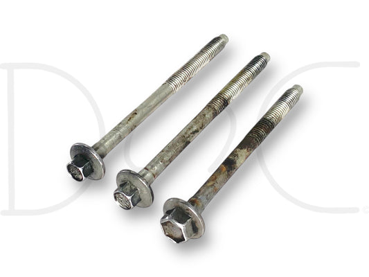 03-07 Ford F250 F350 6.0 6.0L Diesel Ac A/C Compressor Mount Bolts Bolt Set OE showing three used, light wear steel bolts with hex heads designed for secure mounting in diesel truck air conditioning systems.