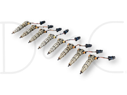 03-07 Ford F250 F350 6.0 6.0L Diesel Fuel Injector Set (8) Injectors *Cores* arranged in a row, designed for Ford Powerstroke Super Duty trucks, for parts or repair use.